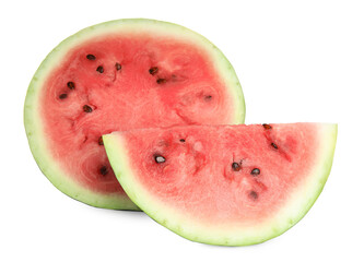 Cut delicious ripe watermelon on white background
