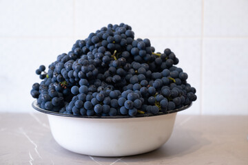 Natural blue grapes in white bowl on the kitchen. Farmers harvesting grape. Wine making, juice or other concept for market, factory, chateau, winery