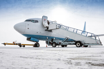 Passenger airplane with a boarding stairs on the airport apron in a snowstorm