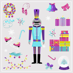 Nutcracker and Christmas attributes. Flat vector illustration.