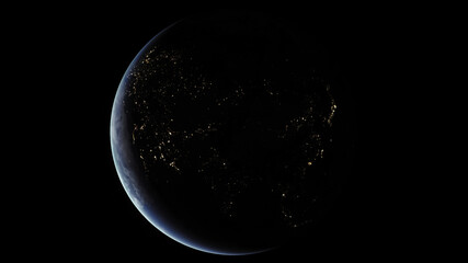 Concept 26-P1 Beautiful Scenery of Realistic Planet Earth from Space with Atmosphere and City Lighting Effects at Night. High detailed 3D rendering.