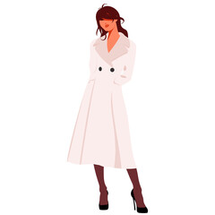Beautiful young woman in coat and hat. Stylish clothing outfit. Fashion look. Vector illustration.