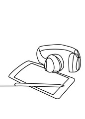 One continuous line drawing, technology headphone cable with laptop