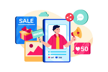 Social Media Promotion For Offline Store Illustration concept. Flat illustration isolated on white background