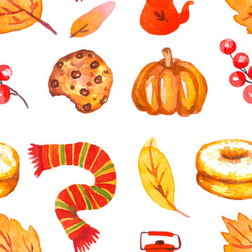 Seamless pattern set of autumn elements, hand-drawn in watercolor. Pattern with donut, colored leaves, scarf, teapot, rowan, pumpkin and cookies. Autumn pattern in red and yellow tones.