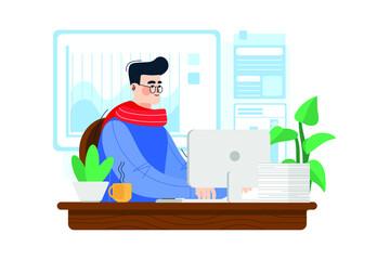 Young flat businessman with glasses at the computer at work.