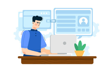 Guy working at a computer. Freelancer makes web projects.