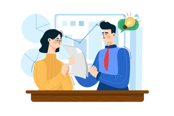 Couple discussing financial chart analytics. 