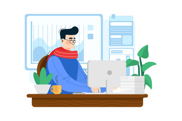 Fototapeta premium Young flat businessman with glasses at the computer at work.