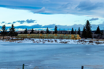 Haybales sitting by a frozen pond. Sibbald Creek Trail, Alberta, Canada