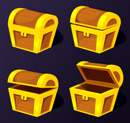 Treasure chest for animation. Cartoon empty treasure casket opening frames. Closed ancient chest with lock.