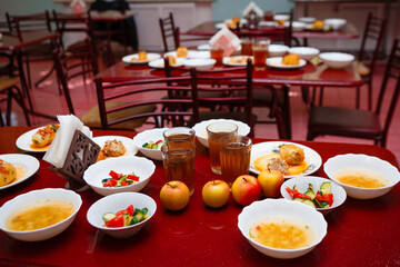 Food in the dining room. Russian national food. 