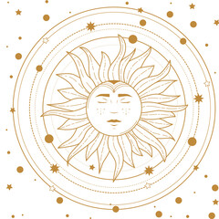 Magical banner for astrology, celestial alchemy. Golden crescent sun in the sky with clouds, moon and sun