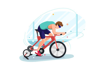 Fototapeta premium Man doing cycling on bicycle simulator Illustration concept.