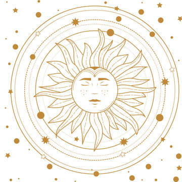 Magical banner for astrology, celestial alchemy. Golden crescent sun in the sky with clouds, moon and sun