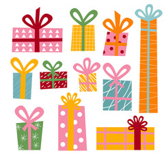 Vector set of gift boxes drawn in funny flat style. Set of stickers with colorful gift boxes. Design elements for decoration, ui, graphic design banners, pattern and posters. 