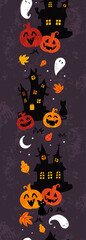 Fun halloween castles seamless pattern, cute ghosts, pumpkins, cats and decoration, great for banners, wallpapers, wrapping, textiles - vector design