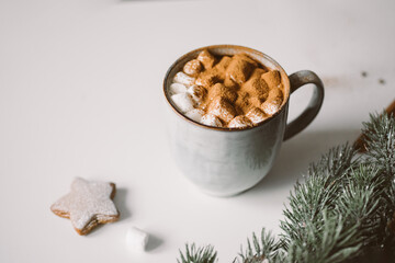 Cozy cup with hot cocoa, marshmallows and gingerbread