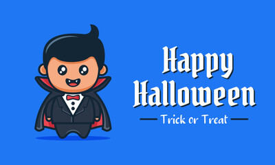 Blue happy Halloween banner with cute cartoon of Dracula with happy face wearing black cloak