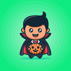 Cute Dracula cartoon wearing black cloak with smiling face holding a pumpkin in green background