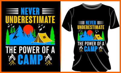 Camping Adventure T-shirt Design illustration.
Camping Typography Vector illustration and colorful design. Mountain Adventure Typography Vector t-shirt design in the black background. 