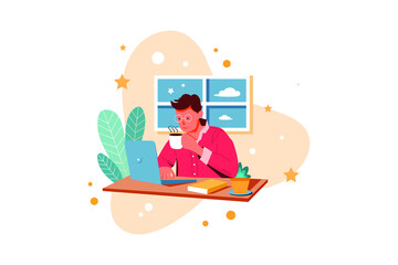 Boy with coffee studying at home with laptop 