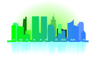 Fototapeta premium Flat design of cityscape with dominant blue and green color and reflection effect