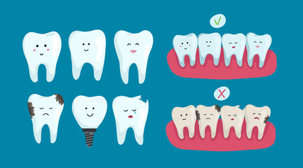 Set of clean and sick dental characters on blue background, teeth whitening. Dental health concept. flat Oral care, teeth restoration. White teeth.