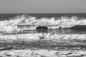 Imagen horizontal en blanco y negro del mar y las olas rompiendo en la playa.