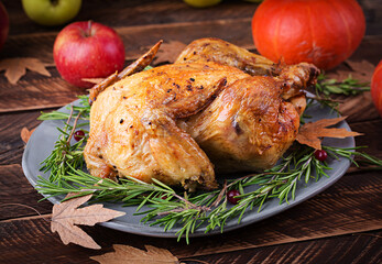 Roasted turkey garnished with cranberries on a rustic style table decorated with pumpkins, apples and autumn leaf. Thanksgiving Day.