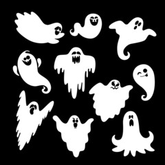 Halloween ghosts. Ghostly monster with Boo scary face shape. Halloween boo spooky symbol flying above the ground.