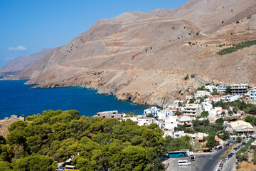 Fototapeta premium Crete - Panorama of Hora Sfakíon village on Libyan Sea. Region of Chania, Greece