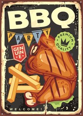 Obraz premium Chicken drumstick on barbecue with french fries and green lettuce retro tin sign graphic. BBQ party vintage ad invitation. Vector food poster.
