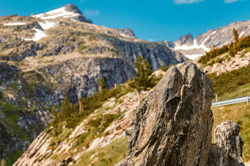 Beautiful alpine summer view with details of a rock at the famous Koelnbreinsperre dam, Maltatal, Kaernten, Austria