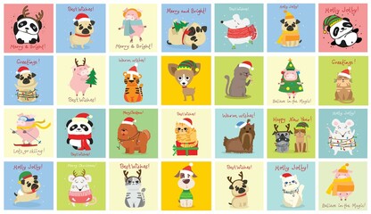 Christmas set of different animals and christmas symbol of the year tiger, rat, cat, dog with gifts and other