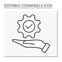  Mechanism line icon. Result of work on palm. Correct configurations. Cogwheels concept. Isolated vector illustration. Editable stroke
