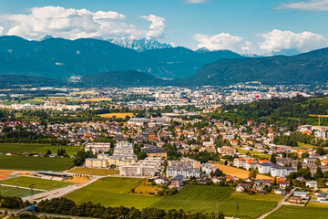 Fototapeta na wymiar Beautiful alpine summer view with the city of Villach at the famous Landskron castle ruins, Villach, Kaernten, Austria