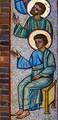 Obraz na płótnie Canvas Mosaic decorations with images of Orthodox saints on the walls of the Church of the Holy Spirit in the city of Białystok in Podlasie, Poland.
