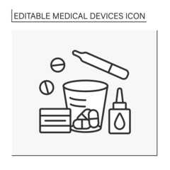  Treatment line icon. Nasal spray, daily pills, thermometer. Special treatment things. Medical service.Medical devices concept. Isolated vector illustration. Editable stroke