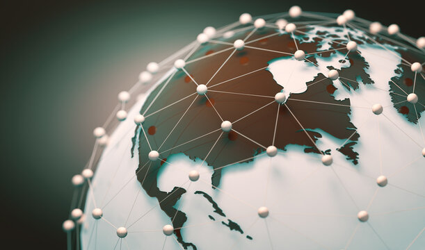 Internet y telecomunicaciones. Ilustraci&oacute;n 3d. Mapa del mundo y cuadr&iacute;cula. Fondo del concepto de comercio electr&oacute;nico y colaboradores internacionales