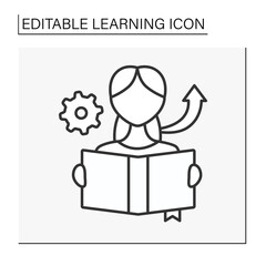  Studying line icon. Skills are improving. Knowledge. Woman with book. Learning concept. Isolated vector illustration. Editable stroke