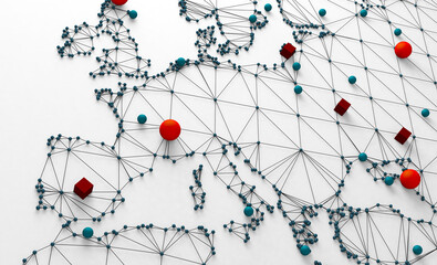 Mapa del mundo y redes. Ilustración 3d y concepto de logística internacional de acuerdos y negocios internacionales. Redes y empresas de todo el mundo. - obrazy, fototapety, plakaty