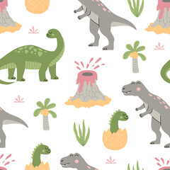 Cute dinosaurs seamless pattern cartoon, tropical plant, palm and volcano. Funny animals clip art. Colourful animals on white background. Hand drawn vector illustration in modern trendy flat style