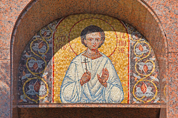 Mosaic decorations with images of Orthodox saints on the walls of the Church of the Holy Spirit in the city of Białystok in Podlasie, Poland.