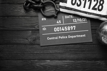 Metal ball with chain, prison uniform and mugshot letter board on black wooden table, flat lay....