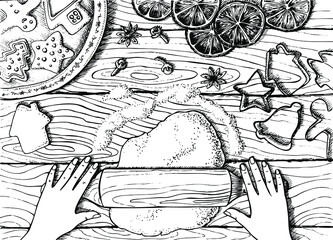 Vector illustration, a man making Christmas cookies. Table top view.