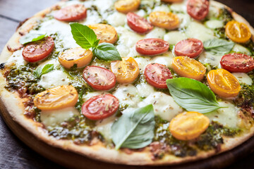 Pizza with cherry tomatoes, mozzarella and basil pesto. Dark wooden background. Close up.	
