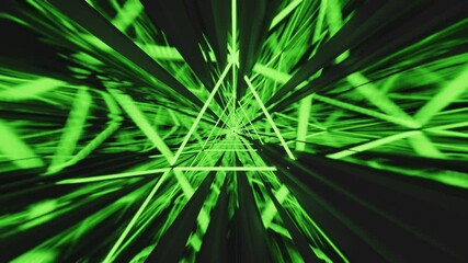 Abstract seamless loop green laser triangle tunnel. Background Futuristic Tunnel with reflection Neon Lights.
