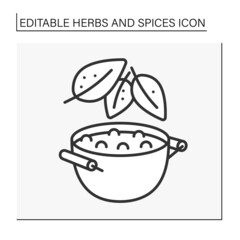  Bay leaf line icon. Aromatic dried leaf for food preparation. Seasoning with strong smell. Food preparation. Herbs and spices concept. Isolated vector illustration. Editable stroke