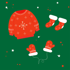 christmas card with santa.Vector Christmas illustration of a set of winter warm clothes.socks, ugly Christmas sweater.For stickers, posters, postcards, design elements.Merry Christmas, Happy New Year.